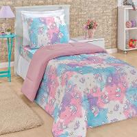 Kit Edredom Fantasy Unicórnio C/ Jogo Lençol 03 Peças Solteiro Tecido Malha 100% Algodão - Rosa - 1