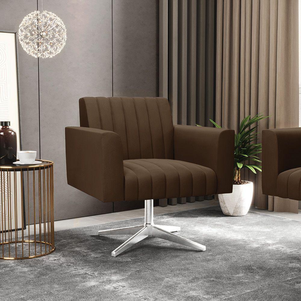 Poltrona Giratória Viena Gomada Suede Base Cromada - D'rossi Cor Marrom - 7