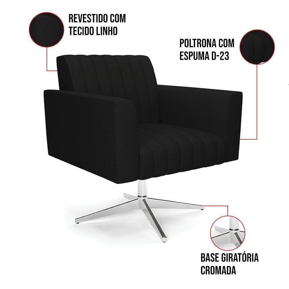 Poltrona Giratória Viena Gomada Linho Base Cromada - D'rossi Cor A79 Preto - 3