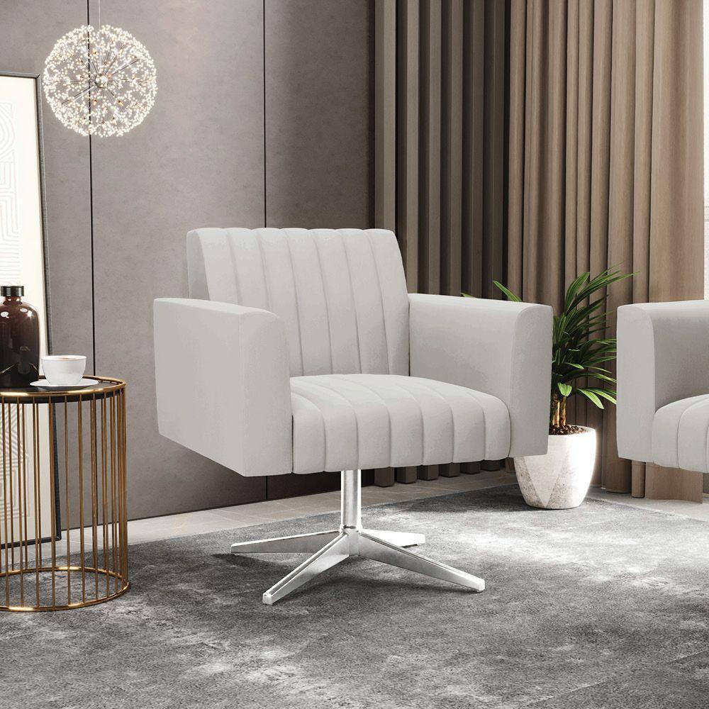 Poltrona Giratória Viena Gomada Veludo Cinza Base Cromada - D'rossi - 7