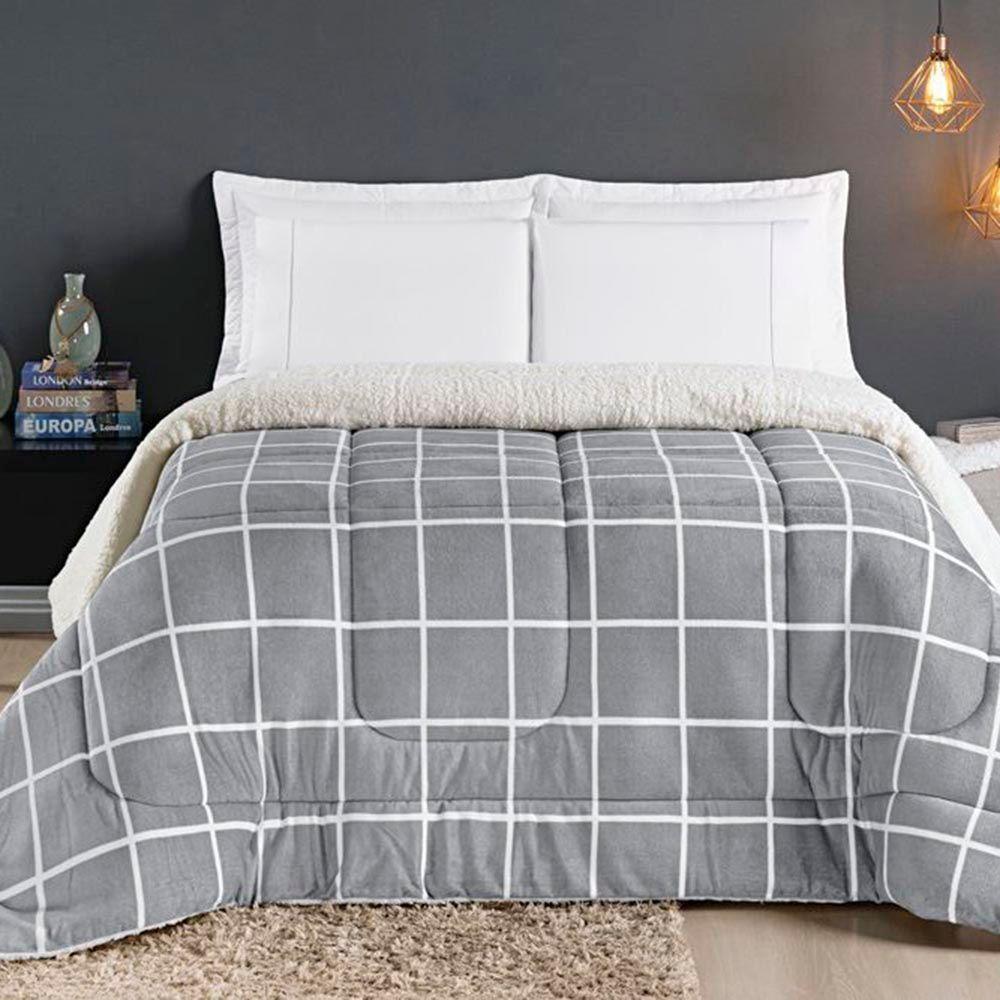 Coberdrom Cobertor Comfort Solteiro 01 Peça Tecido Sherpa Manta Flannel Quadriculado - Cinza - 1