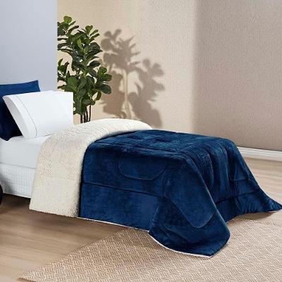 Coberdrom Diamond Solteiro Sherpa Com Manta Flannel 01 Peça - Azul Marinho