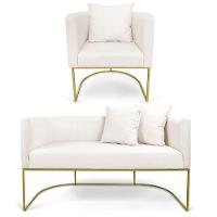 Kit 01 Namoradeira 02 Lugares E 01 Poltrona Paola Linho Base Metálica Dourado Cor A27 Areia - 1