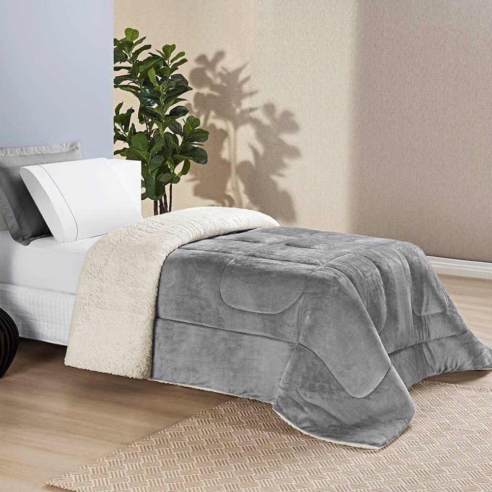Coberdrom Diamond Solteiro Sherpa Com Manta Flannel 01 Peça - Cinza - 1
