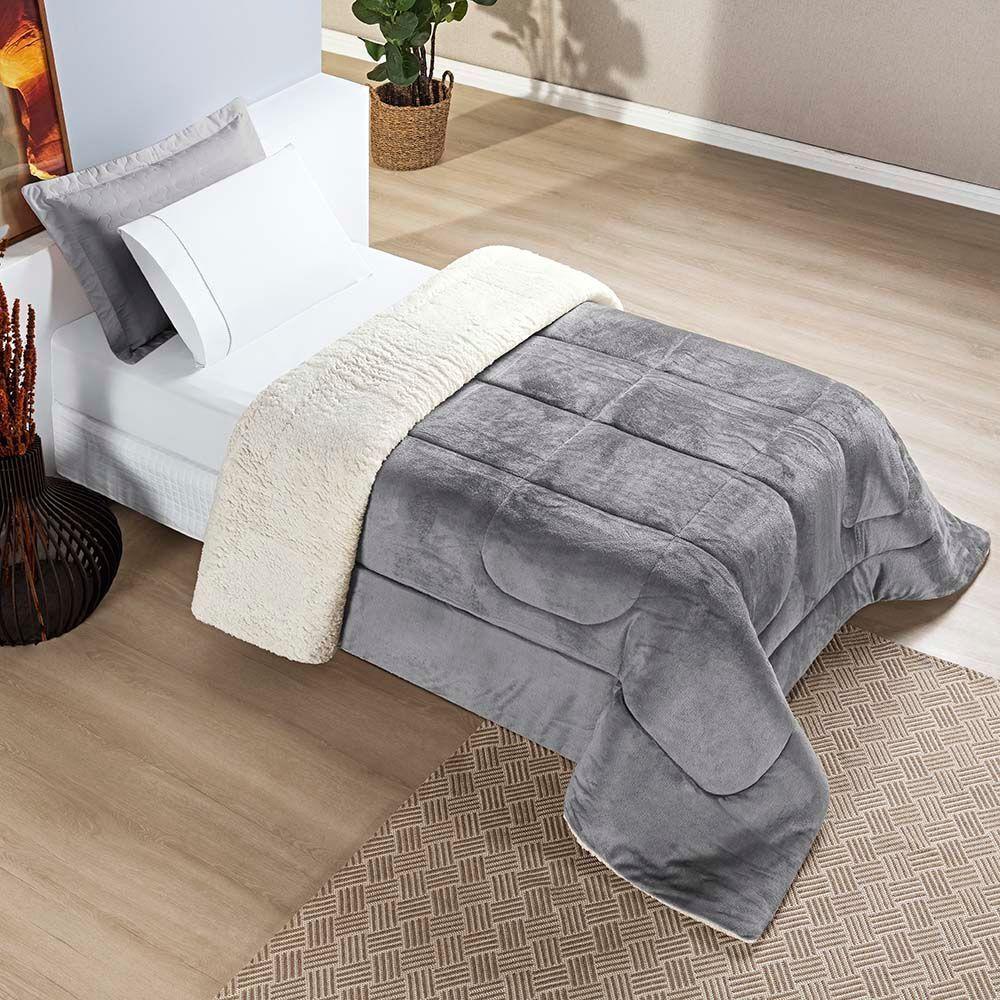 Coberdrom Diamond Solteiro Sherpa Com Manta Flannel 01 Peça - Cinza - 3