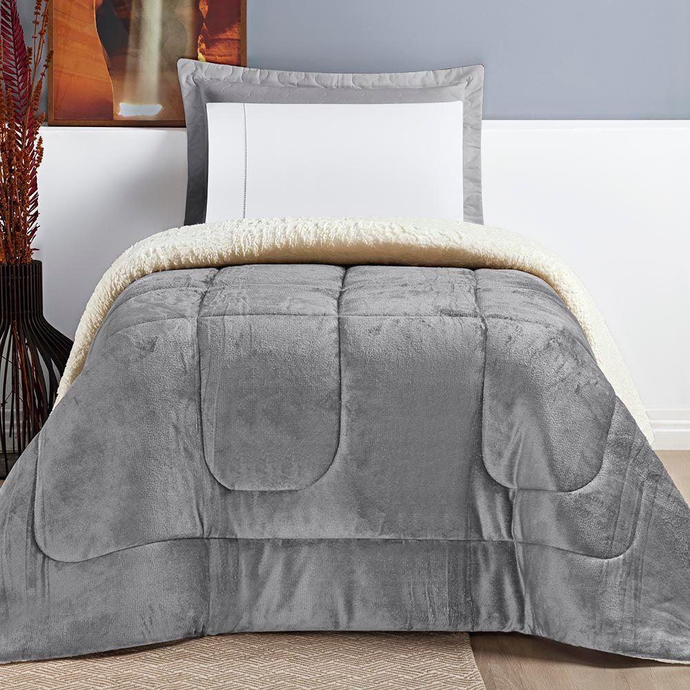 Coberdrom Diamond Solteiro Sherpa Com Manta Flannel 01 Peça - Cinza - 4