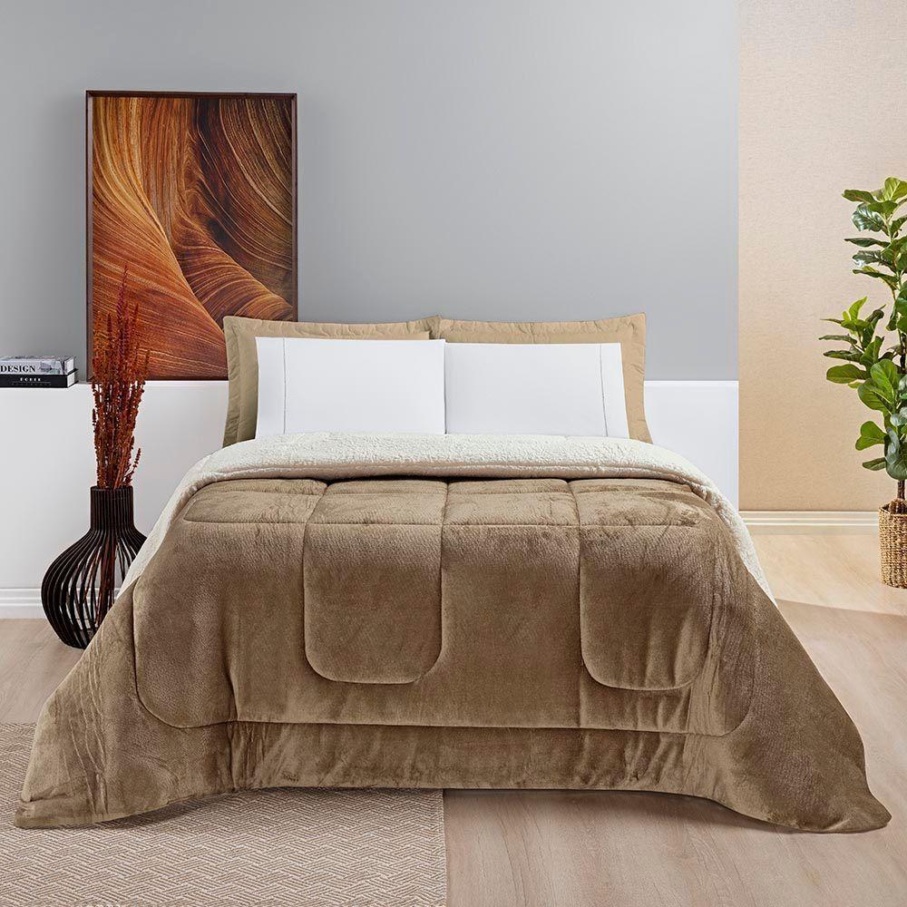 Coberdrom Diamond Casal King Sherpa Com Manta Flannel 01 Peça - Cáqui Bege - 1