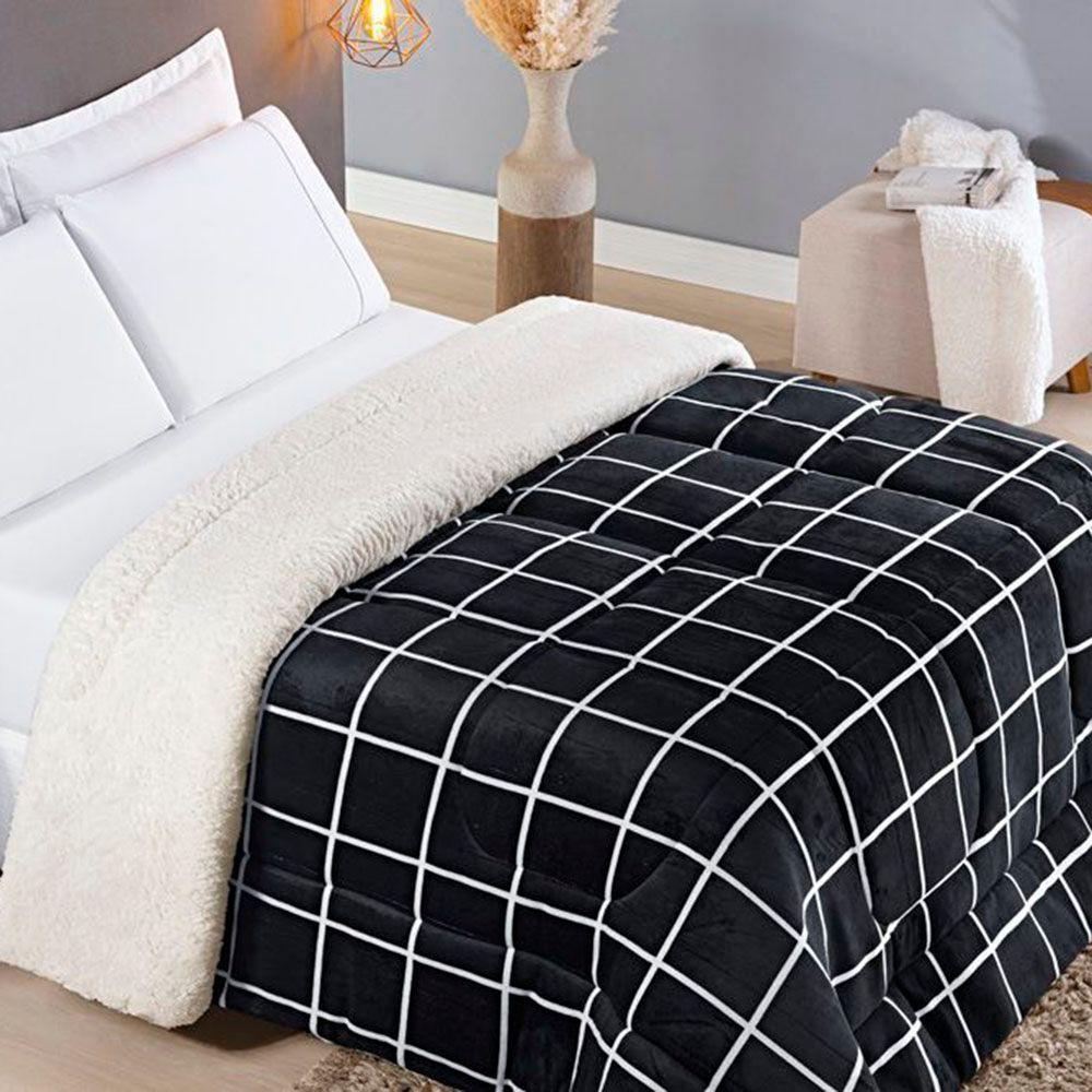 Coberdrom Cobertor Comfort Solteiro 01 Peça Tecido Sherpa Manta Flannel Quadriculado - Preto - 4