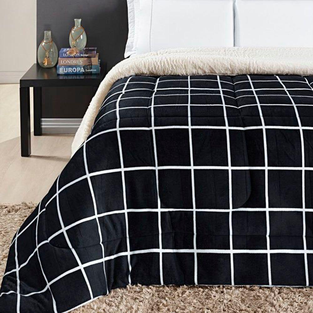 Coberdrom Cobertor Comfort Casal Queen 01 Peça Tecido Sherpa Manta Flannel Quadriculado - Preto - 4