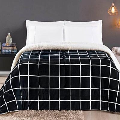 Coberdrom Cobertor Comfort Casal Queen 01 Peça Tecido Sherpa Manta Flannel Quadriculado - Preto