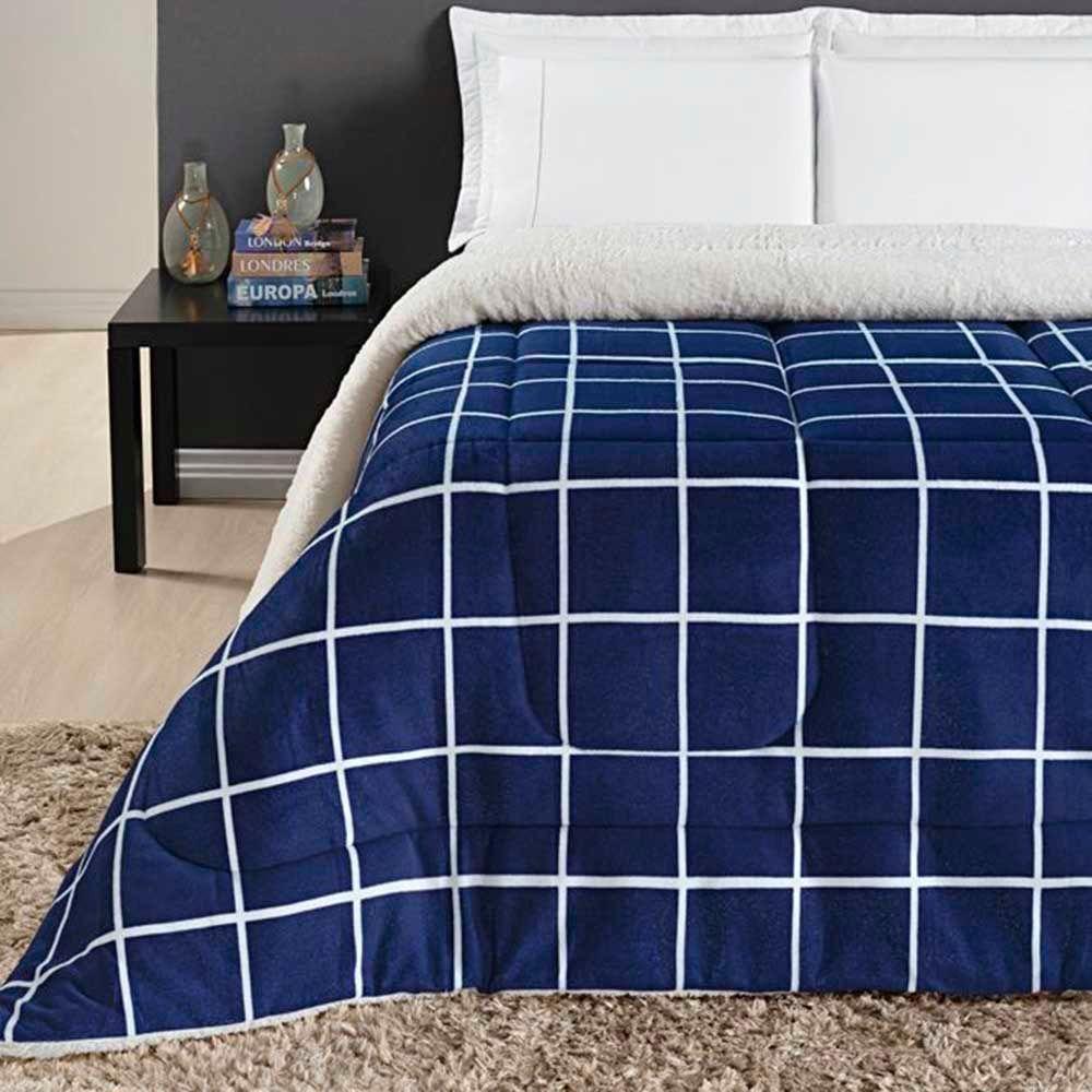 Coberdrom Cobertor Comfort Casal Queen 01 Peça Tecido Sherpa Manta Flannel Quadriculado - Azul - 4