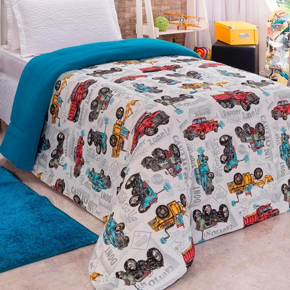 Coberdrom Fantasy Carros Solteiro Dupla Face Manta Soft Com Malha 100% Algodão - Azul - 1