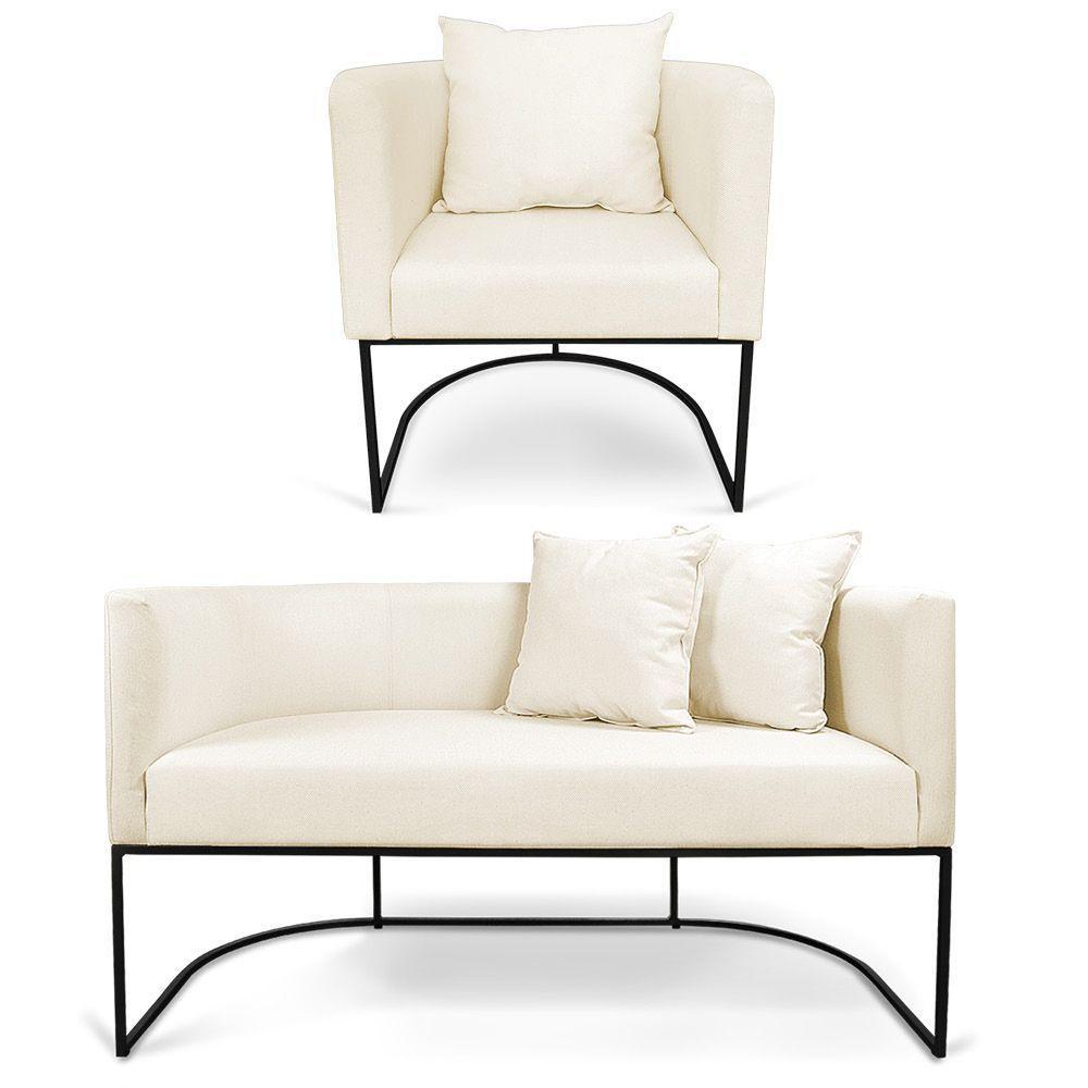 Kit 01 Namoradeira 02 Lugares E 01 Poltrona Paola Linho Base Metálica Preto Cor A19 Grosso Bege - 1