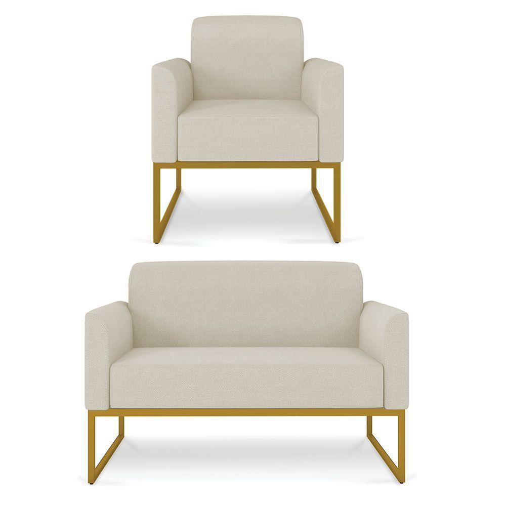 Kit 01 Namoradeira 02 Lugares E 01 Poltrona Marisa Linho Grosso Bege A19 Dourado - 1