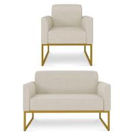 Kit 01 Namoradeira 02 Lugares E 01 Poltrona Marisa Linho Grosso Bege A19 Dourado - 1