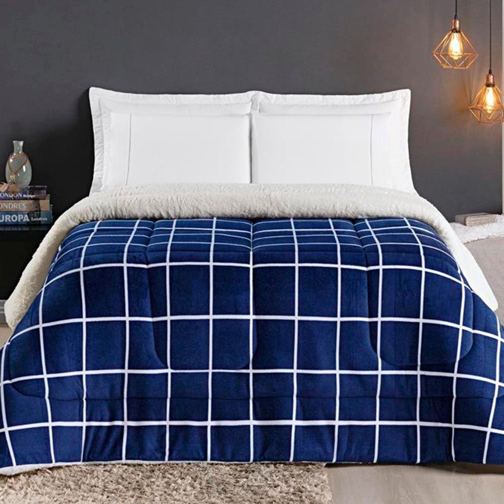 Coberdrom Cobertor Comfort Solteiro 01 Peça Tecido Sherpa Manta Flannel Quadriculado - Azul - 1