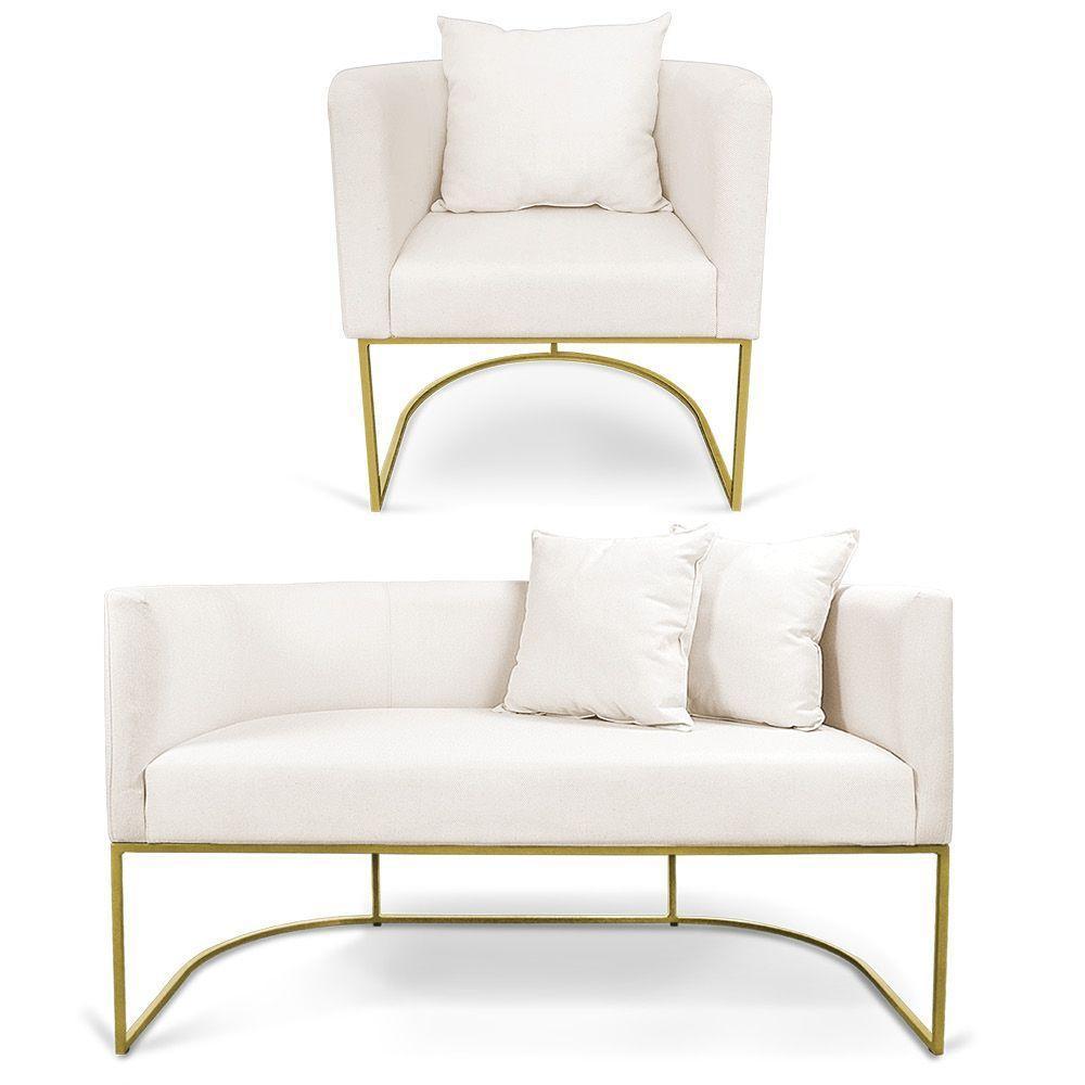 Kit 01 Namoradeira 02 Lugares E 01 Poltrona Paola Linho Areia A27 Base Metálica Dourado - 1