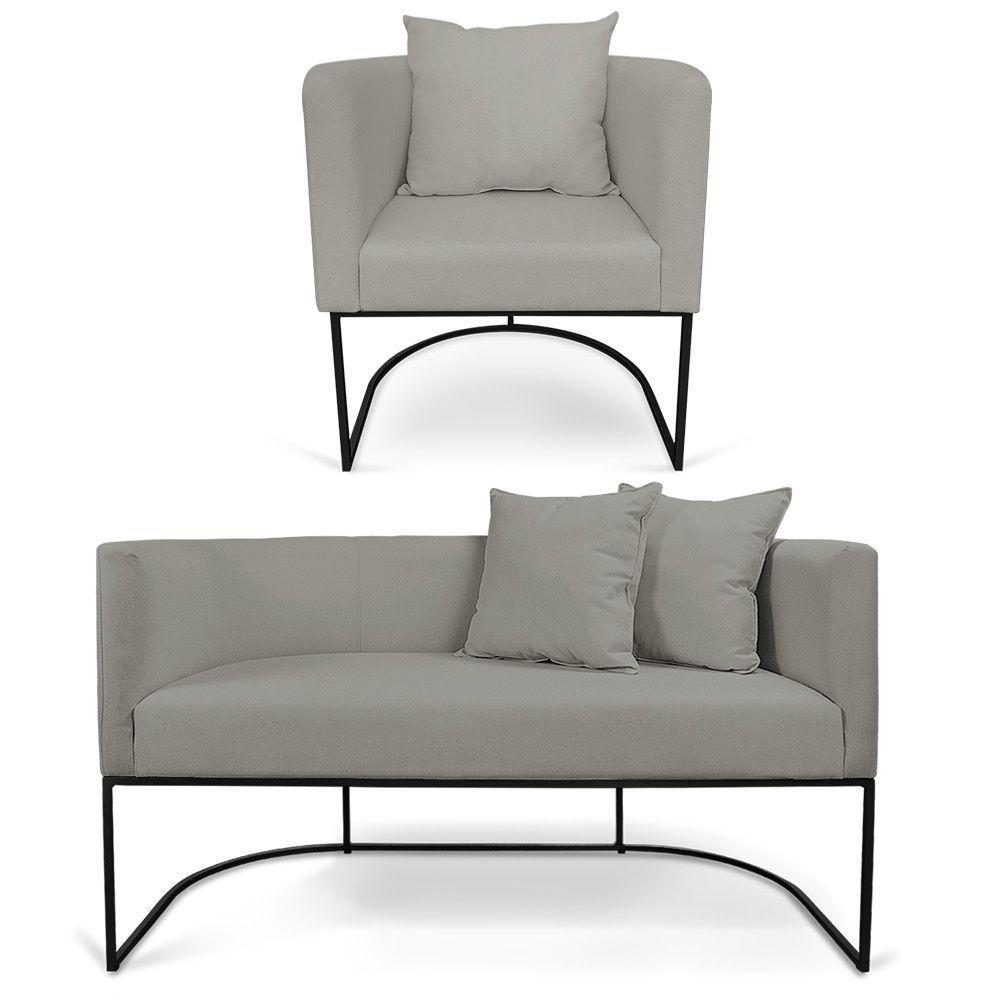 Kit 01 Namoradeira 02 Lugares E 01 Poltrona Paola Linho Base Metálica Preto Cor A26 Grafite - 1