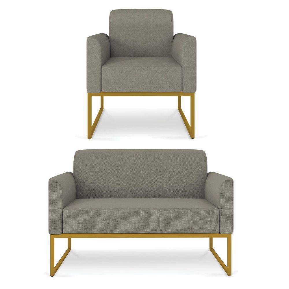 Kit 01 Namoradeira 02 Lugares E 01 Poltrona Marisa Linho Grafite A26 Dourado - 1