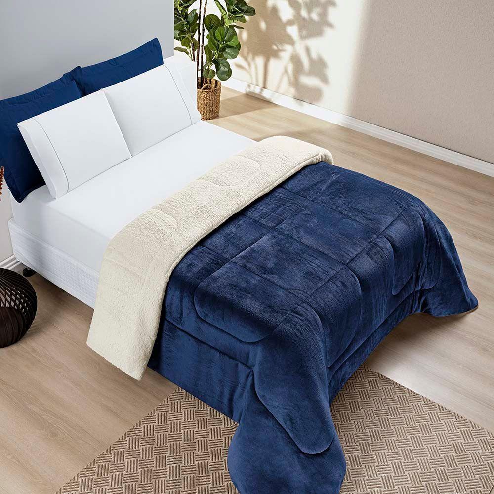 Coberdrom Diamond Casal Queen Sherpa Com Manta Flannel 01 Peça - Azul Marinho - 2