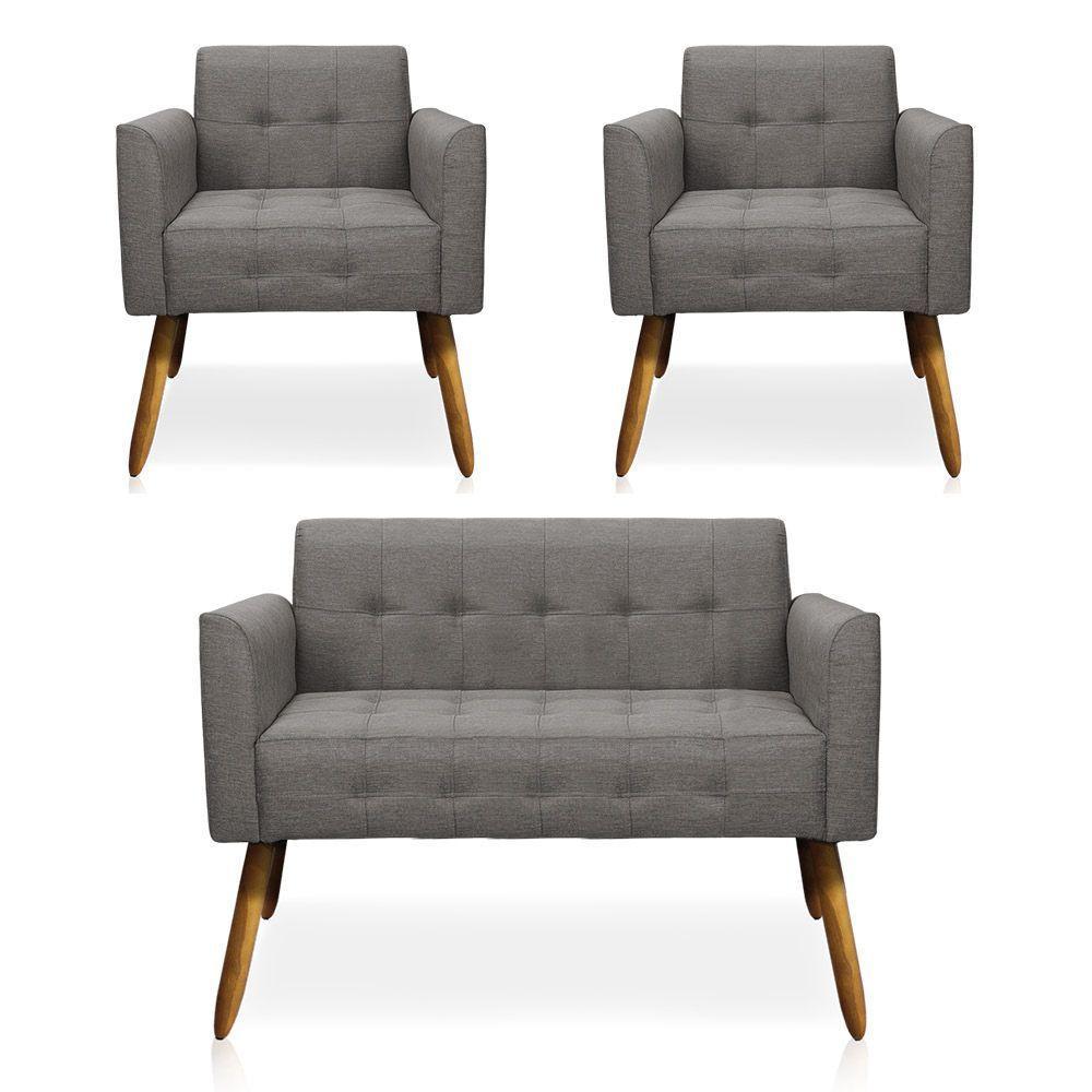 Kit 01 Namoradeira E 02 Poltronas Elisa Linho Grafite A26 Pés Palito Castanho - 1