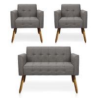 Kit 01 Namoradeira E 02 Poltronas Elisa Linho Grafite A26 Pés Palito Castanho - 1