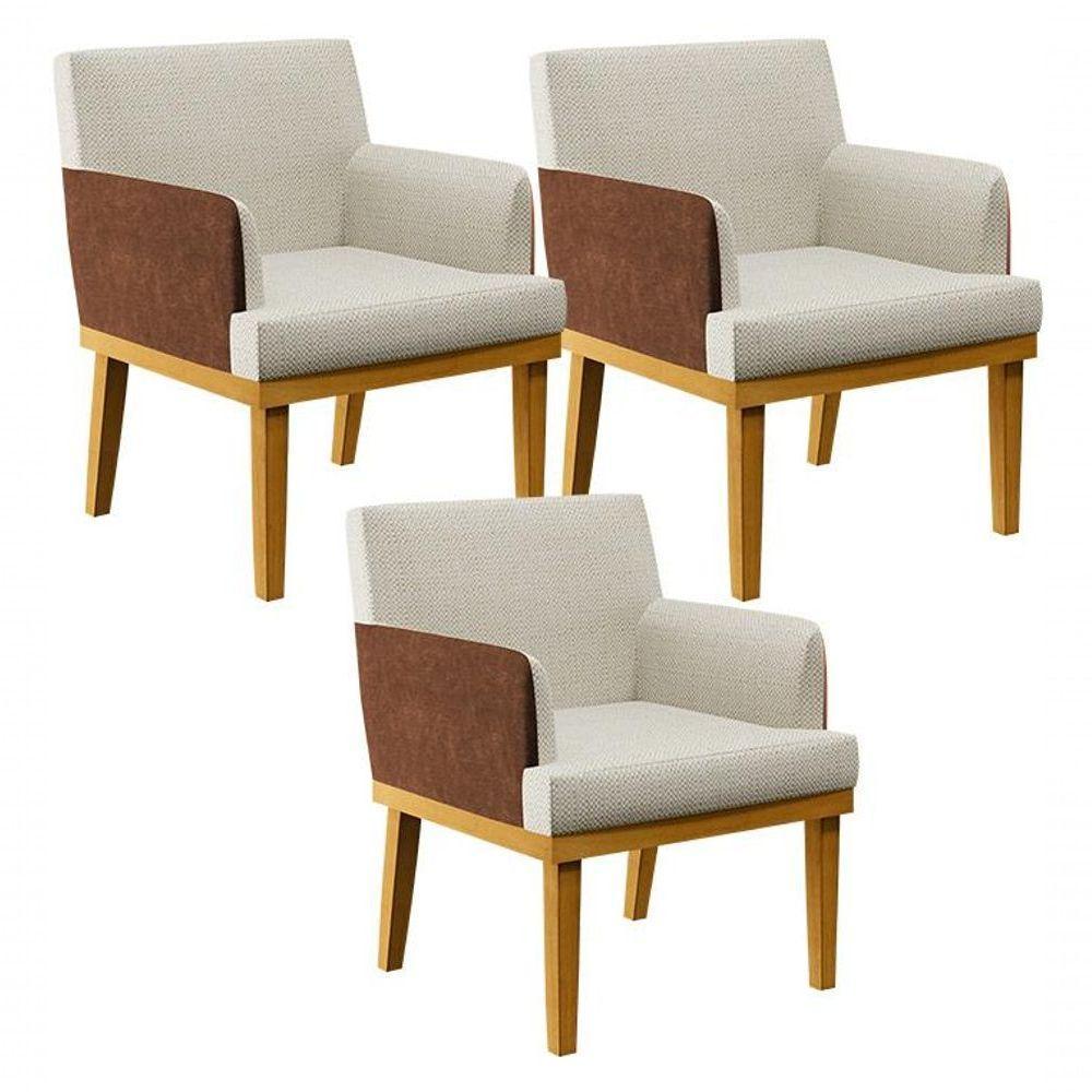 Kit 03 Poltronas Decorativa Base Mel Beatriz W01 Linho Champagne Couríssimo Marrom - 1