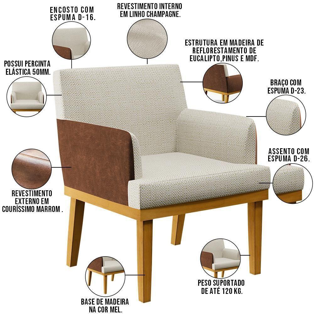 Kit 03 Poltronas Decorativa Base Mel Beatriz W01 Linho Champagne Couríssimo Marrom - 8