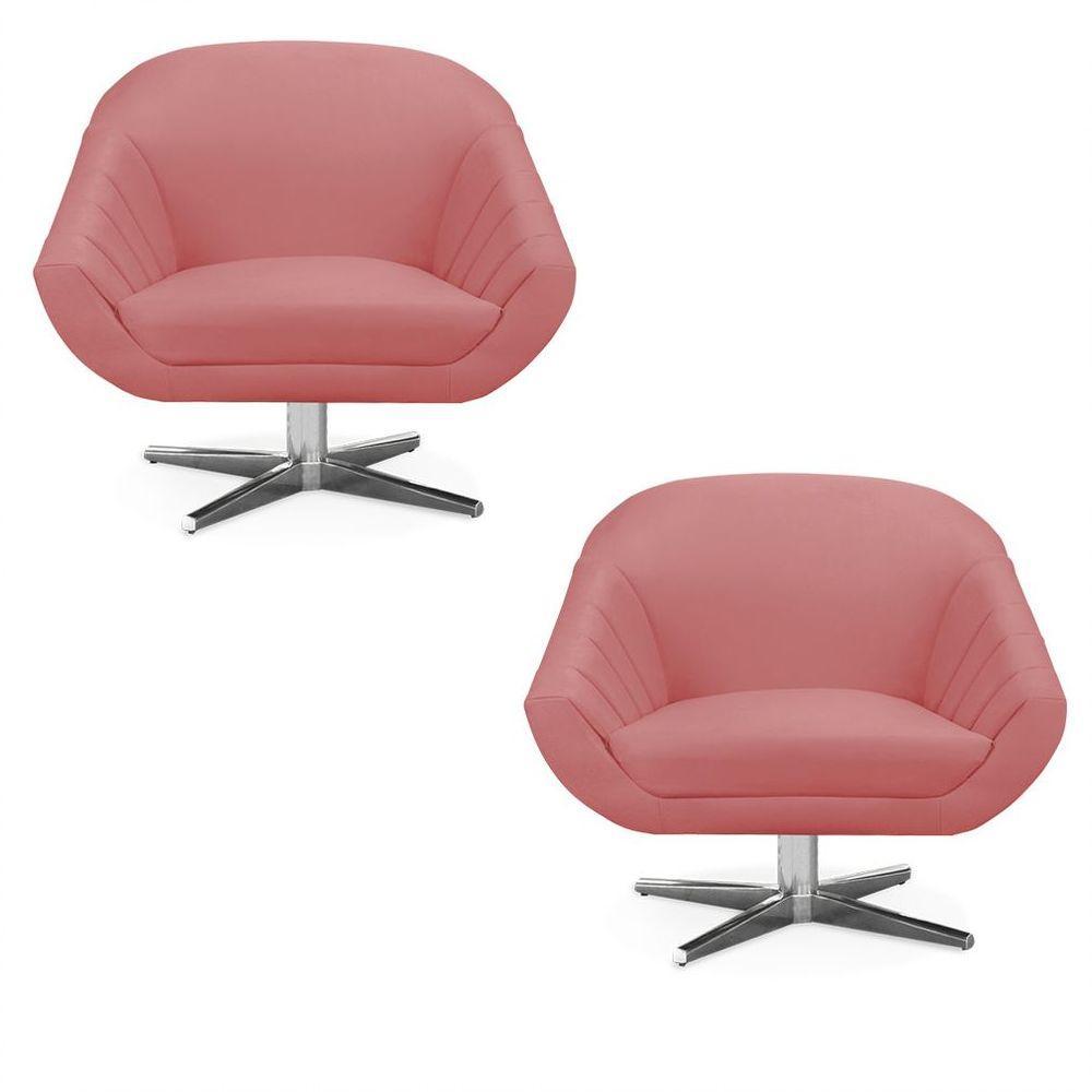 Kit 02 Poltronas Giratória Giovana Suede Base Cromada - D'rossi Cor Rose - 1