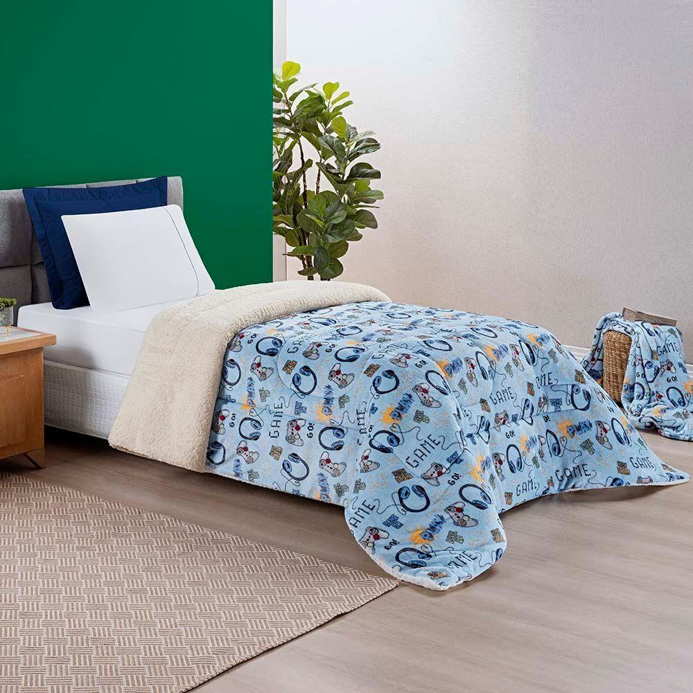 Coberdrom Solteiro Carrosel Kids Manta Flannel Sherpa Infantil Premium Toque Macio - Video Game - 1