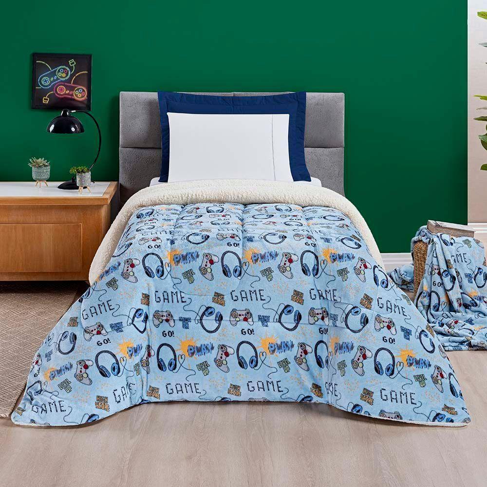 Coberdrom Solteiro Carrosel Kids Manta Flannel Sherpa Infantil Premium Toque Macio - Video Game - 3