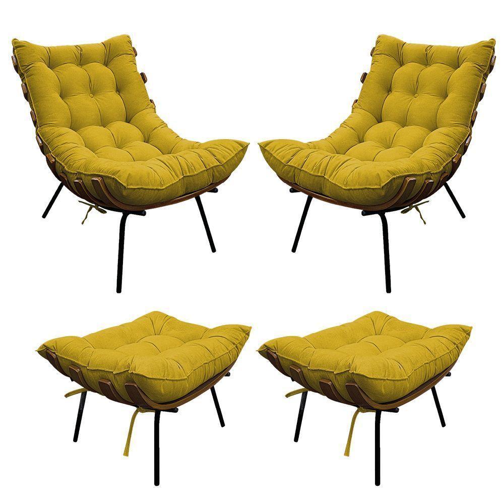 Kit 02 Poltronas E 02 Puffs Costela Base Fixa Suede - 1