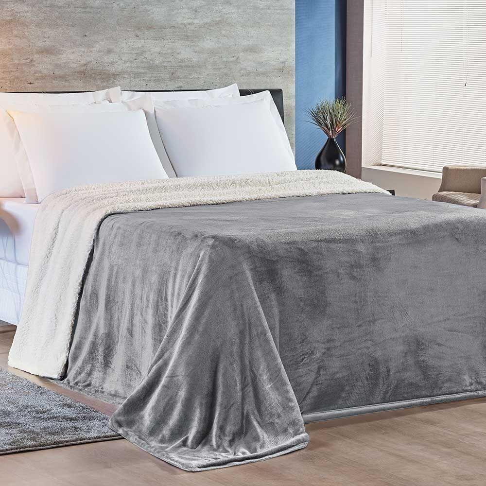 Cobertor Magnific Casal Queen Sherpa Com Manta Microfibra Toque Lã Carneiro 01 Peça - Cinza - 1