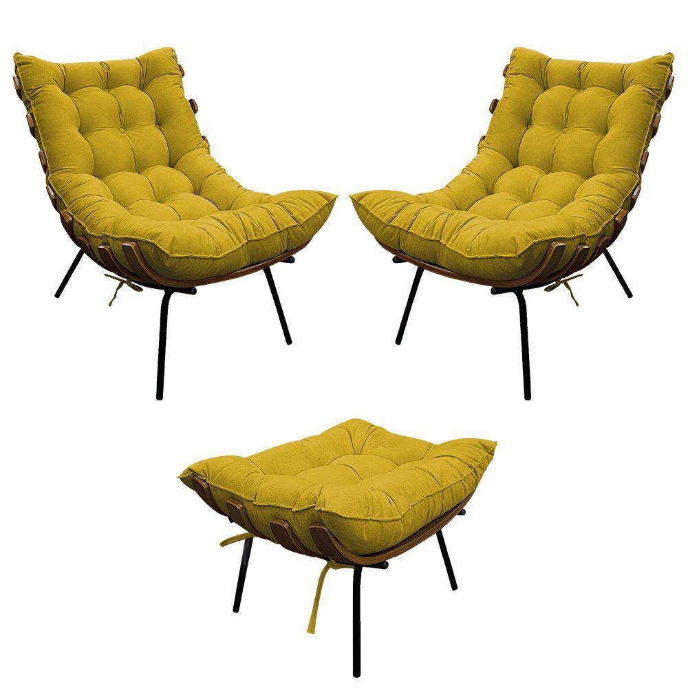 Kit 02 Poltronas E Puff Costela Base Fixa Suede - 1