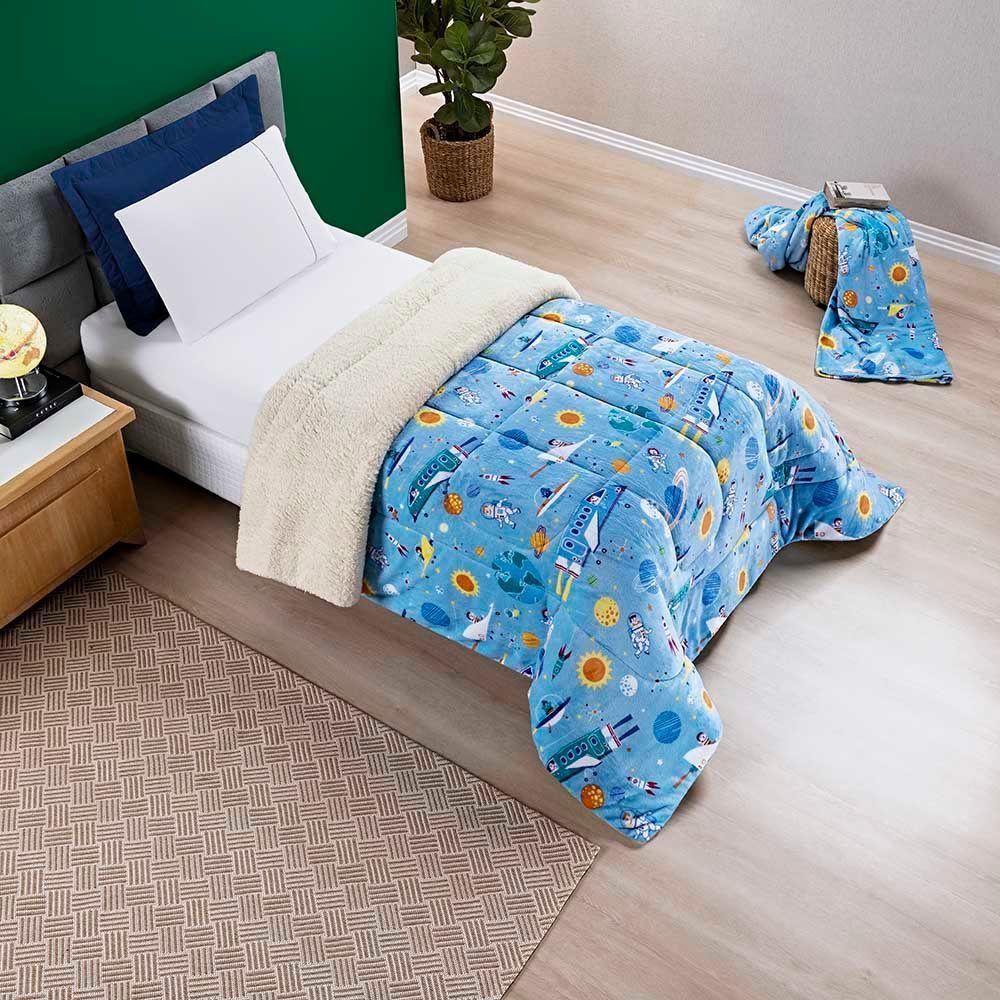 Coberdrom Solteiro Carrosel Kids Manta Flannel Sherpa Infantil Premium Toque Macio - Astronauta - 1