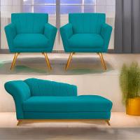 Kit Diva Recamier Vanessa 140Cm Lado Direito E 02 Poltronas Laura Suede Cor Azulturquesa - 1