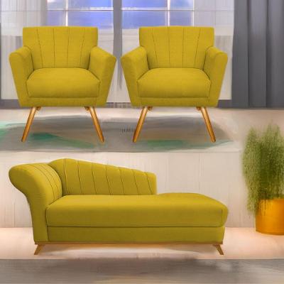 Kit Diva Recamier Vanessa 185Cm Lado Direito E 02 Poltronas Laura Suede Cor Amarelo