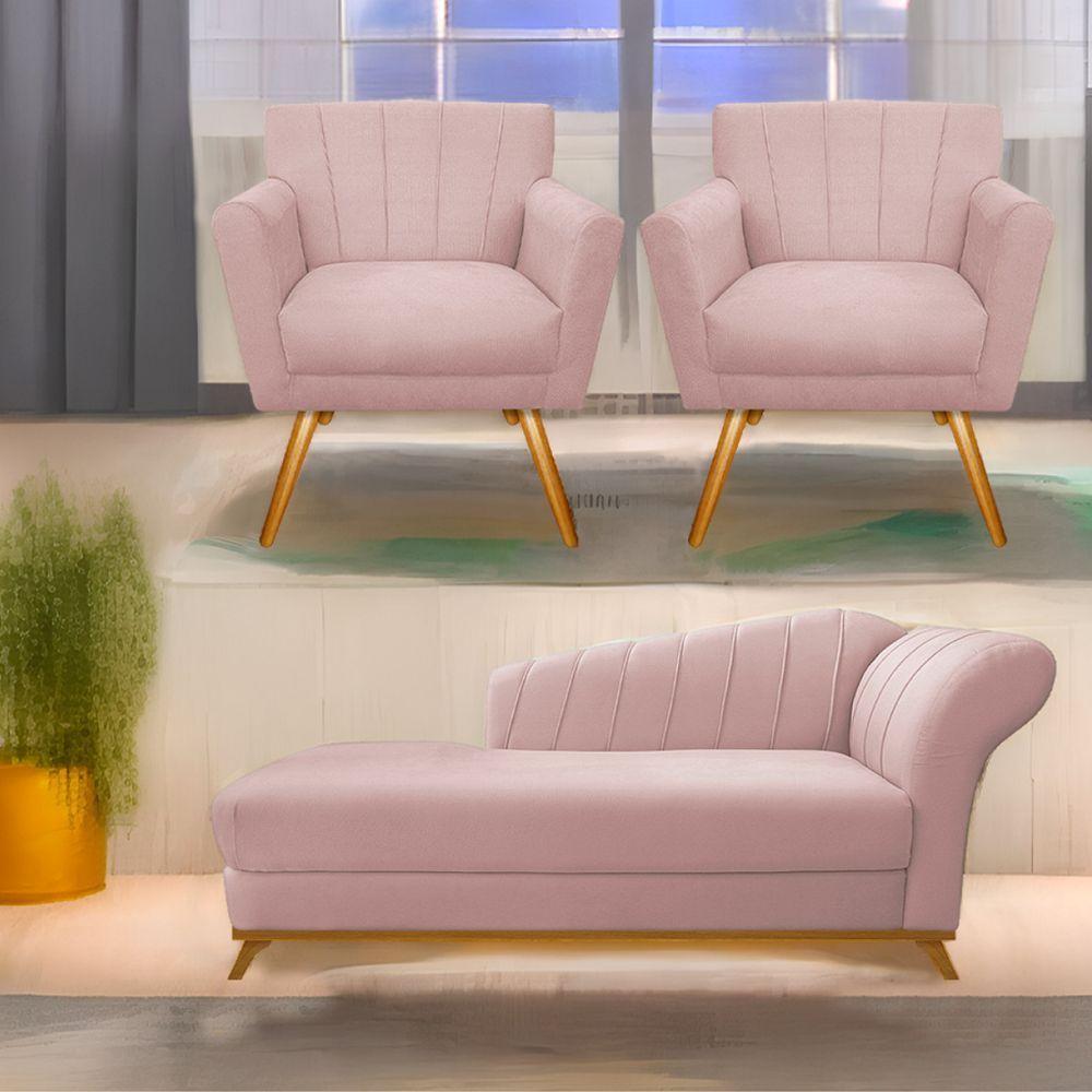 Kit Diva Recamier Vanessa 185Cm Lado Esquerdo E 02 Poltronas Laura Suede Cor Rosê - 1