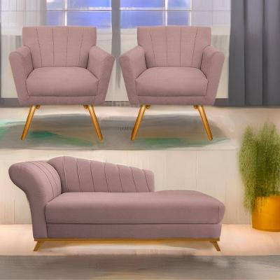 Kit Diva Recamier Vanessa 185Cm Lado Direito E 02 Poltronas Laura Linho Cor Rosê