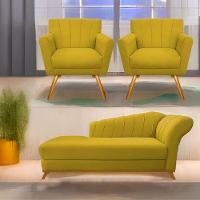 Kit Diva Recamier Vanessa 160Cm Lado Esquerdo E 02 Poltronas Laura Suede Cor Amarelo - 1