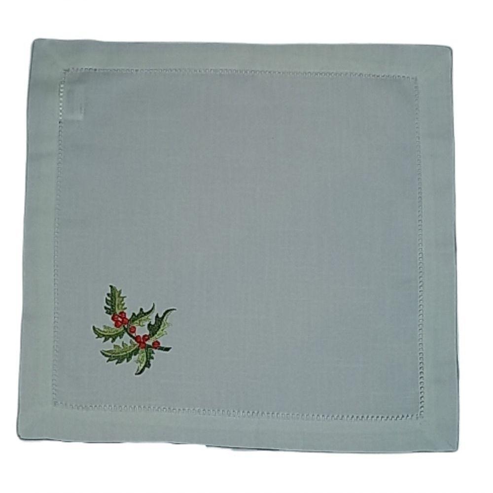 Guardanapo De Linho Natal Branco Bordado Com Azevinho 45x45 Cm - 1