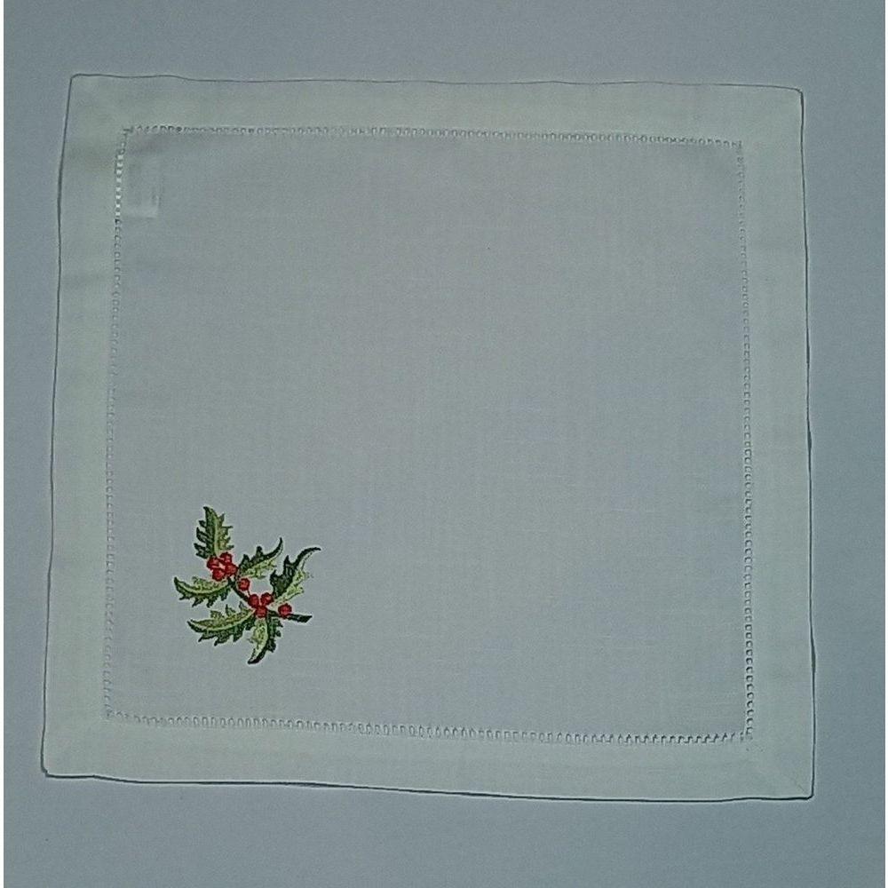 Guardanapo De Linho Natal Branco Bordado Com Azevinho 45x45 Cm - 2