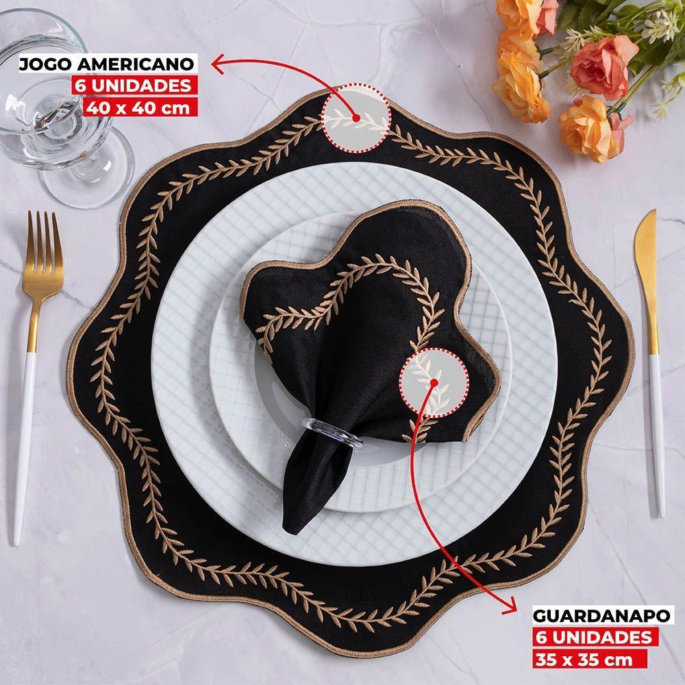Jogo De Guardanapos Sousplat Americano 12 Peças Bordado Decorativo - Paris Detalhe Dourado Preto - 4