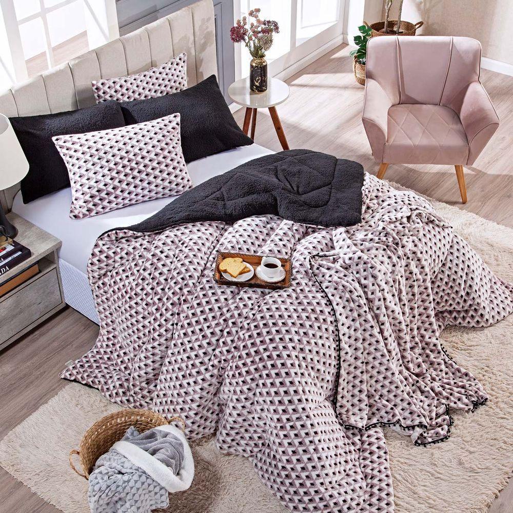 Kit Coberdrom Nevada Estampado Losangos Preto King 03pçs - Dupla Face - 3