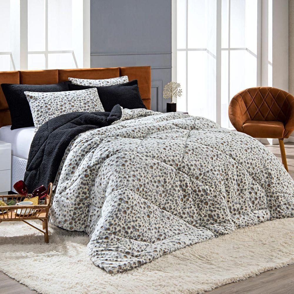 Kit Coberdrom Nevada Estampado Onça Preto Casal Padrão 03pçs - Dupla Face - 1
