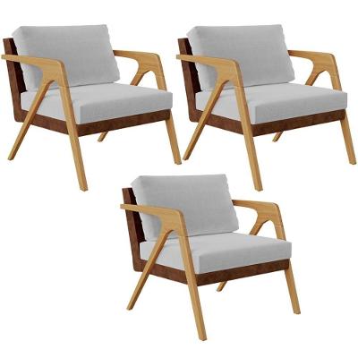 Kit 3 Poltronas Decorativas Pietra L02 Couríssimo Linho Cinza Marrom Lyam Decor