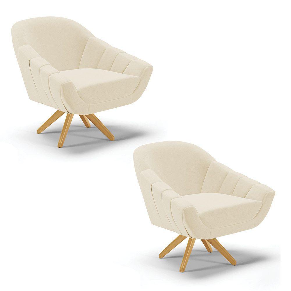 Kit 02 Poltronas Giratória Linho Base Madeira Grafite - 1