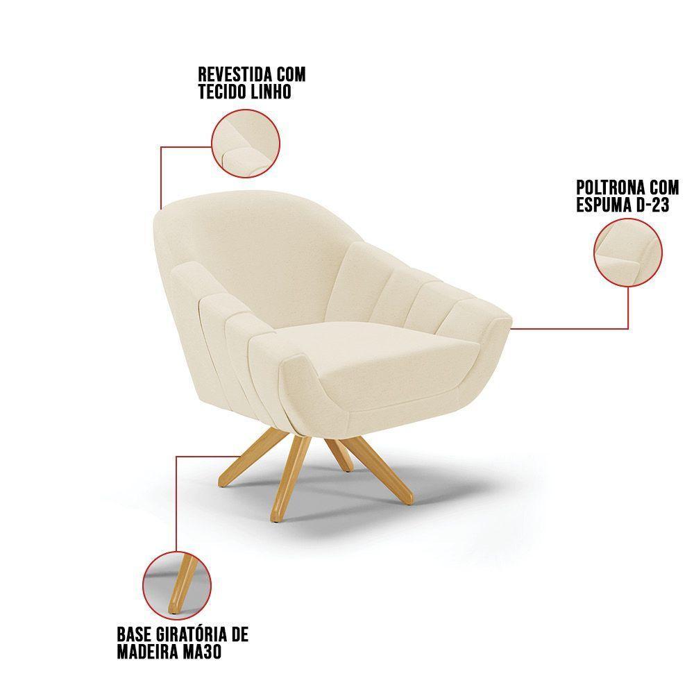 Kit 02 Poltronas Giratória Linho Base Madeira Grafite - 3