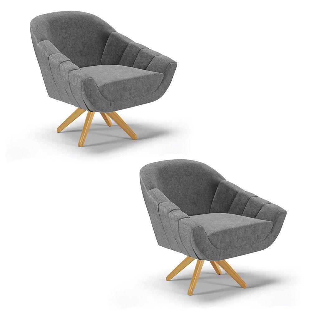 Kit 02 Poltronas Giratória Linho Grafite Base Madeira - 1