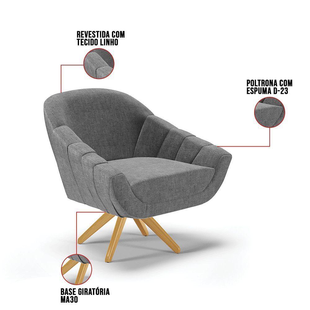 Kit 02 Poltronas Giratória Linho Grafite Base Madeira - 4
